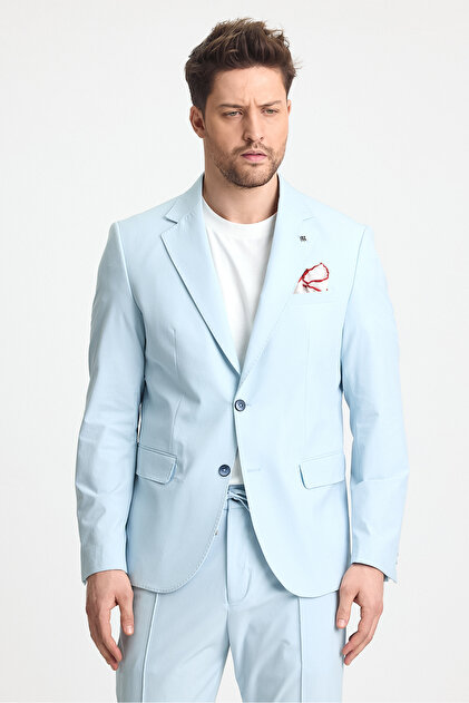 Polli Men's Ice Blue Polyamide-Technical Stretchy Summer Keeping Cool Half-Lined Slimfit Sportsblazerjacket