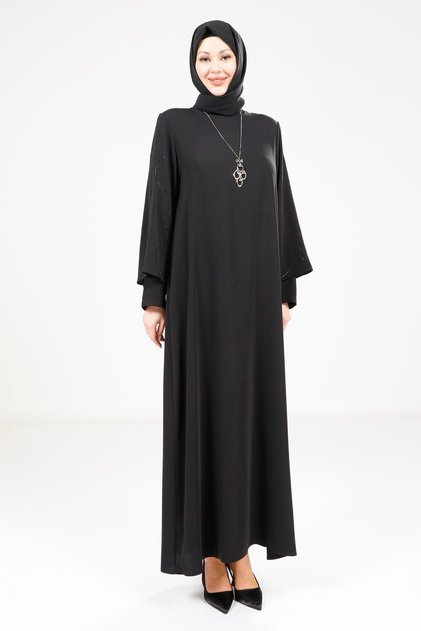 Kolu Taşlı Kolyeli Siyah Elbise 9292