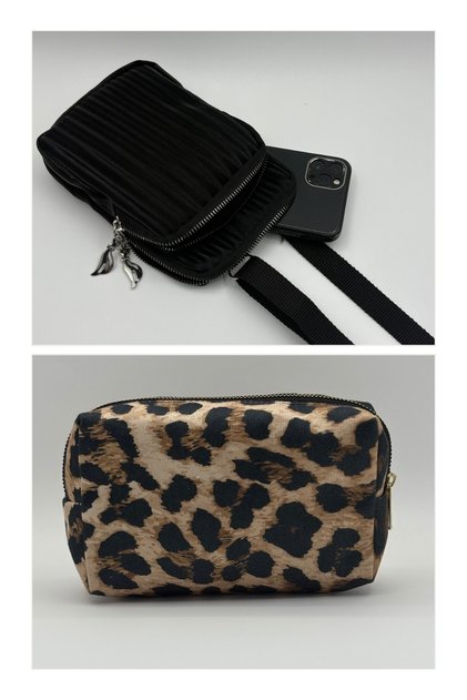 Women's Set of Two Two-Eye Phone Bag and Makeup Bag Set of Two Leopard - Black