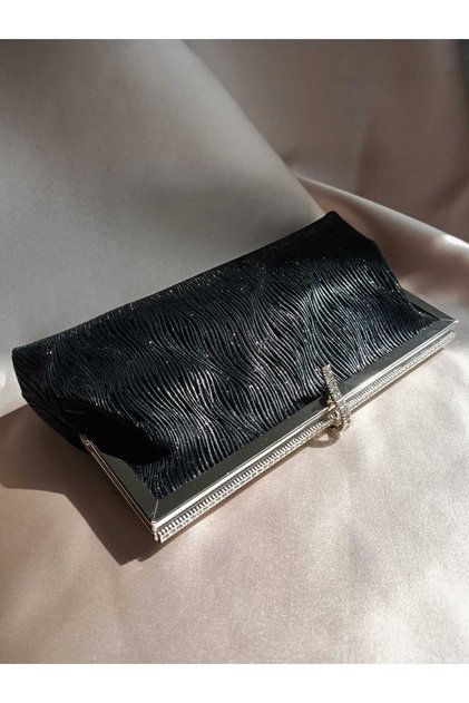 Women's Black Patterned Stone Detailed Wallet Clutch Model Portfolio Special Occasion and Evening Dress Bag