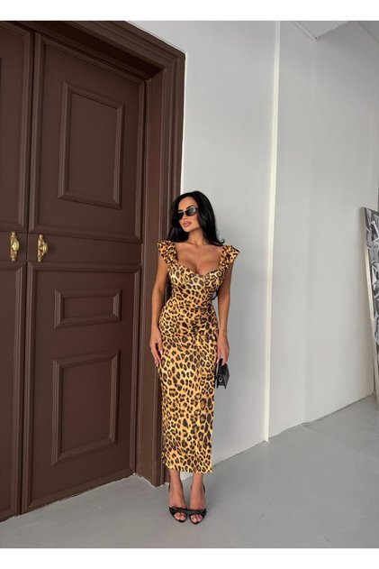 Rochie Saja Rsln cu imprimeu micro digital din lycra, cu volane pe mâneci, cu imprimeu leopard