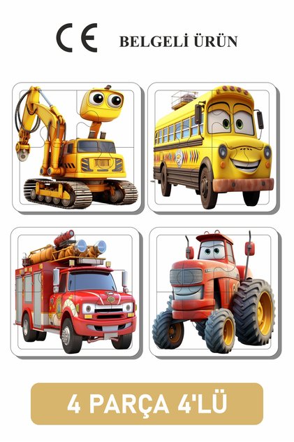 Sevimli İş Makinaları 4 Parça 4 Adet Ahşap Puzzle