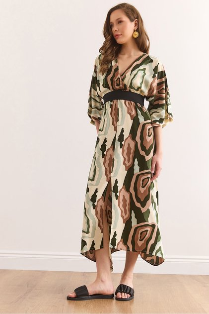 Double Breasted Collar Midi Viscose Dress with Slit Front