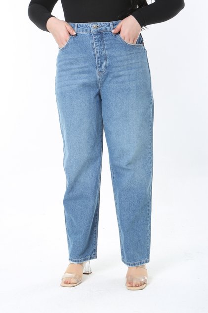 Women's Large Size Blue High Waist Wash Effect 5 Pocket Jeans 65N38888