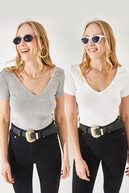 Women's Gray-Ecru V-Neck Short Sleeve 2-Piece Set Blouse BLZ-19002195