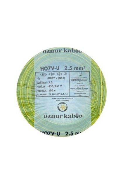 2.5 mm Nya %100 Bakır Tek Damar Kablo Sarı-Yeşil Renk 1 Top 100 Metre