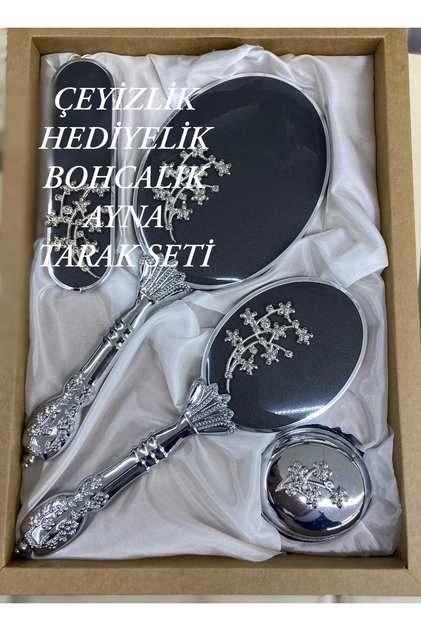 TEKSTİL HEDİYELİK ÇEYİZLİK BOHÇALIK 4 PARÇA AYNA TARAK SETİ . YAPRAKLI VE DESENLİ