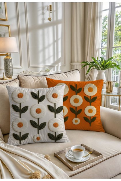 Embroidery Patterned Daisy Flower Patterned White Orange Background 2 Piece Throw Pillow - Pillow Case