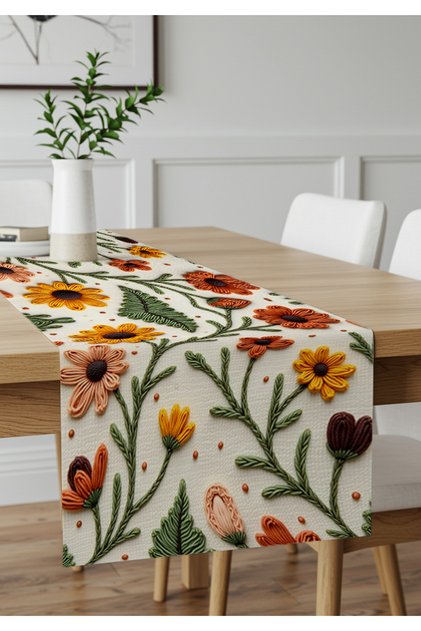 Punch Embroidery Pattern Digital Print Yellow Orange Autumn-Themed Table Runner Tablecloth 45x100 cm