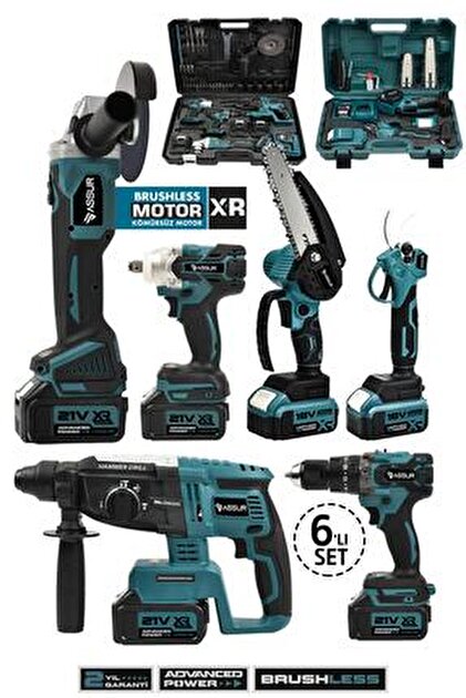 ASR Assur 21V 2.0Ah Kömürsüz Darbeli 6'lı Set Matkap+Hilti+Taşlama