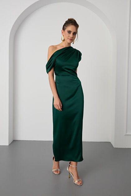 emerald green midi dress satin Off Shoulder Back Satin Bow Wrap Crepe Midi Dress - Emerald Green