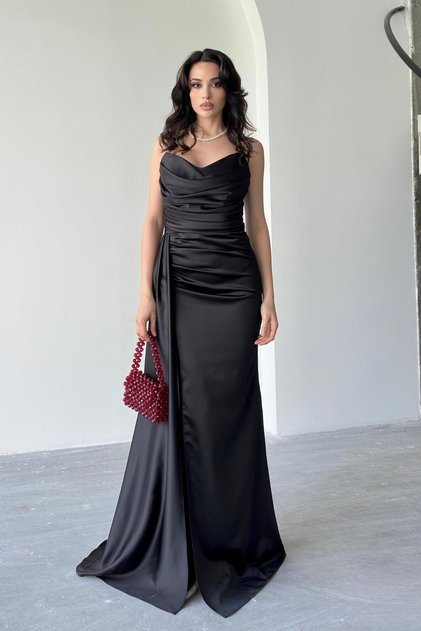 Black Strapless Draped Satin Evening Dress