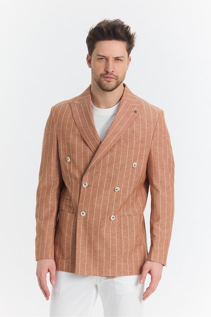 Vitao Men's Tile Italian Striped Double Breasted Half Lined Slim Fit Sports Blazer Jacket