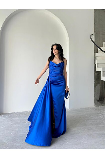 saks blue dress Serica Moda Saks Blue Strapless Draped Satin Evening Dress- Trendyol