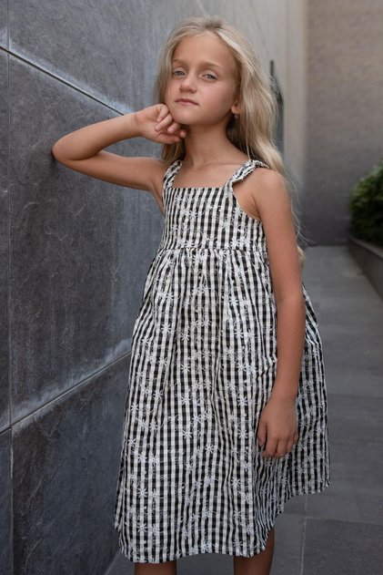 Girl's Dress Flower Embroidered Gingham Patterned 5-9 Years, Black