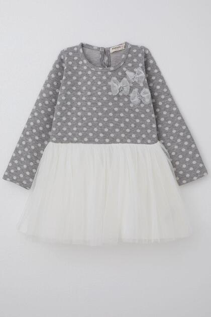 Girl's Long Sleeve Dress Tulle with Bow 1.5-5 Years, Light Gray Melange