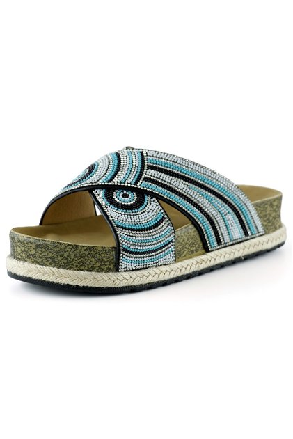 Black Turquoise Beaded Cross Banded Crystal Stone Straw Detailed Cork Sole Look Slippers