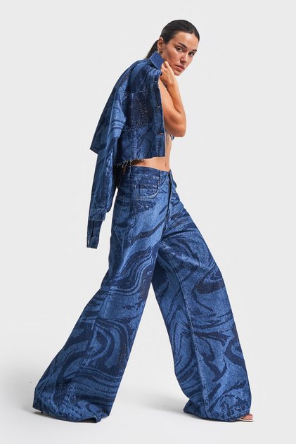 Women's Blue Sparkly Stone-Detail Palazzo Fit Relaxed Fit Denim