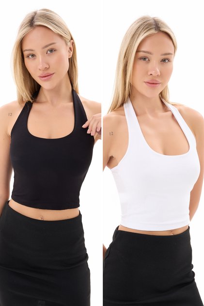 2-Piece Black and White Halter Neck Blouse Cropped