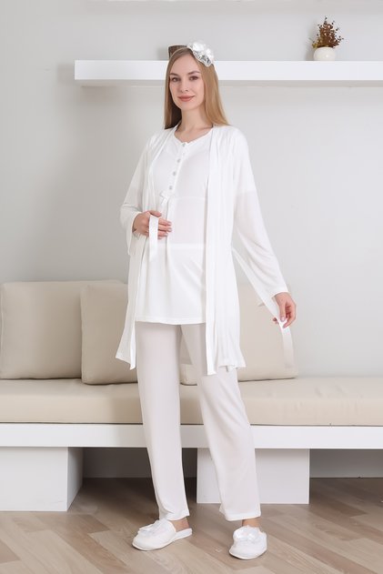 Maternity Pajama Set / Short Sleeve Pajama Long Lace Detail Dressing Gown Set / Maternity Cotton Pajama
