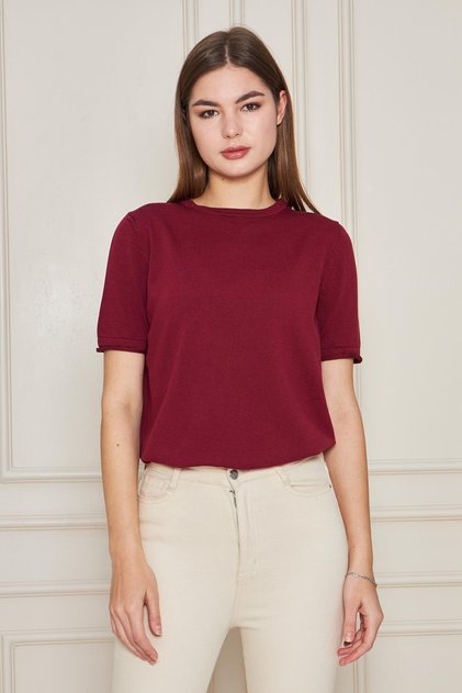 Kadın Bisiklet Yaka Kısa Kollu Triko Bluz Basic Bluz 25222 Bordo