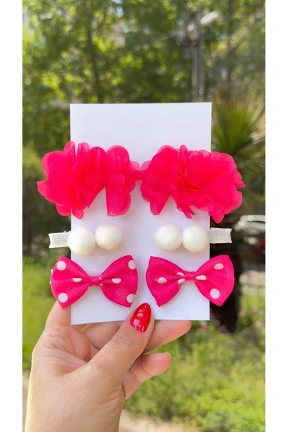 Floral Polka Dot Bow Pompom 6 Piece Buckle Set (Half Covered Metal Clip)