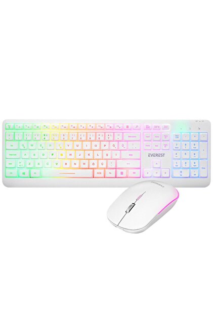 Km-1500 Beyaz Kablosuz Şarj Edilebilir Rainbow Aydınlatmalı Q Multimedia Klavye + Mouse Set