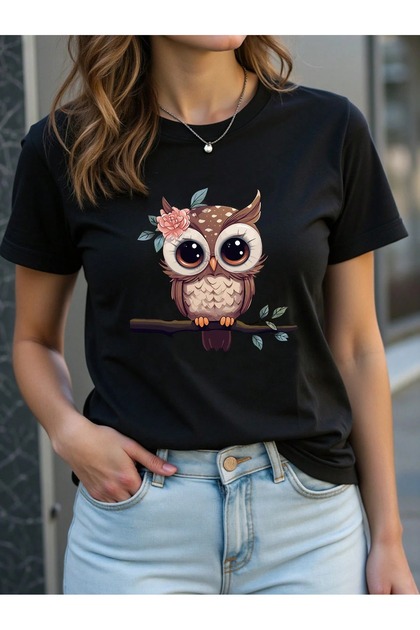 Women's Cute Owl Printed Oversize T-Shirt