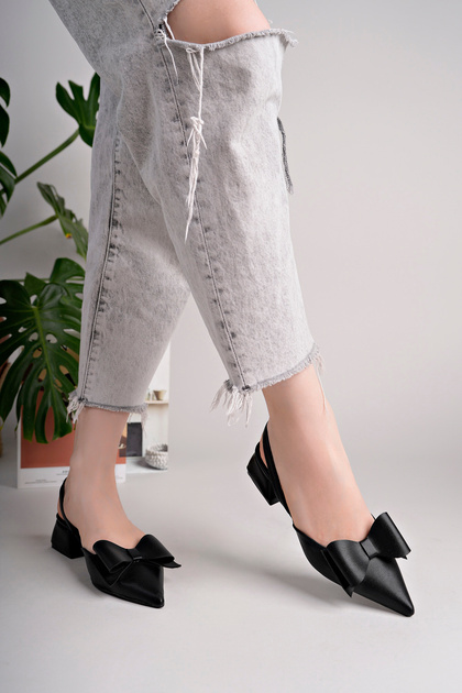 Blush Bow Black Matte Leather Pointed Toe Short Block Heeled Women's Shoes