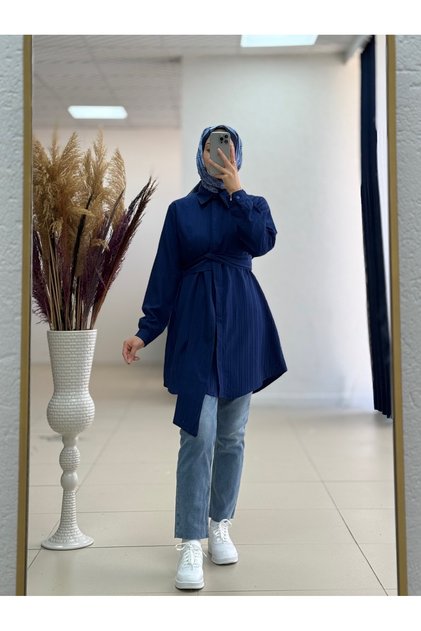 Navy Blue Selen Veined Fabric Tied Shirt