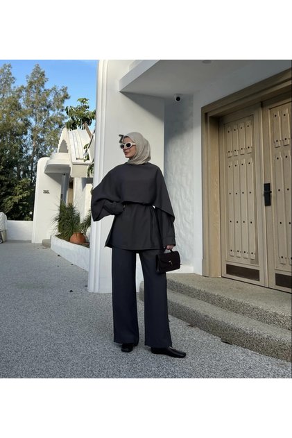 Black Drape Collar Blouse Trousers Set - 8625