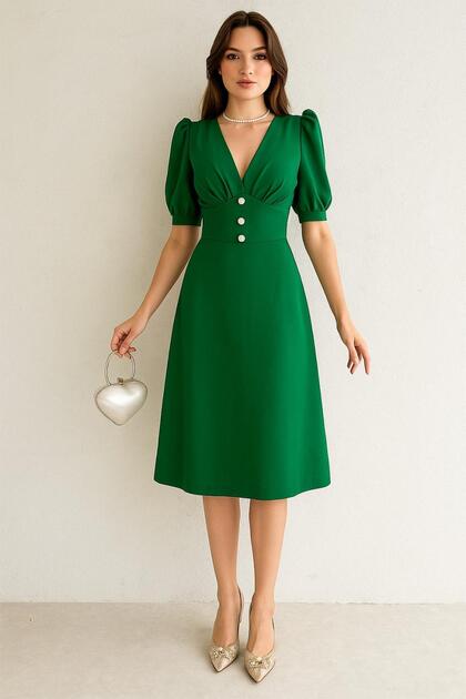 Green Balloon Sleeve Front Button Detail Crepe Fabric Midi Length Dress