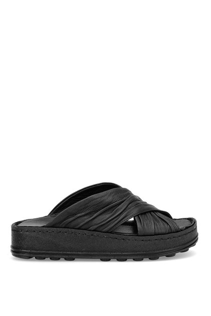 D25Yt-1430 Women's Genuine Leather Flat Slippers Black