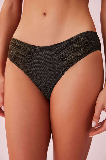 Partea de jos a bikiniului cu textură plisată aurie