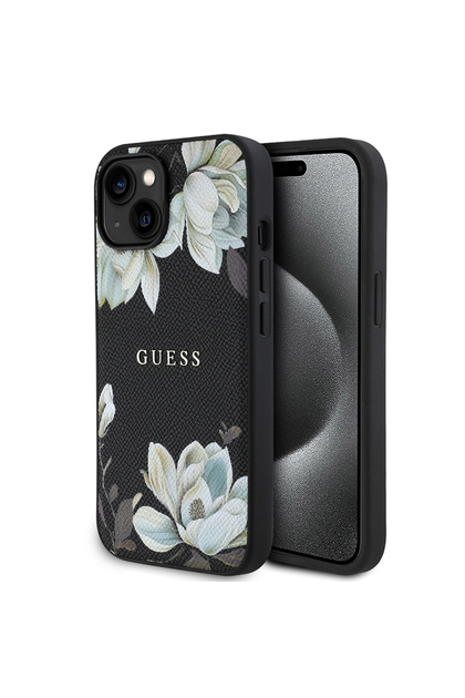 iPhone 15 Case Guess Licensed M-Safe Feature Grained Floral Design Metal Lettering Logo Cover Black