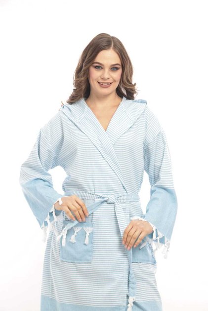 Cotton Turquoise Color Hooded Loincloth Bathrobe, Dressing Gown, Beach Dress