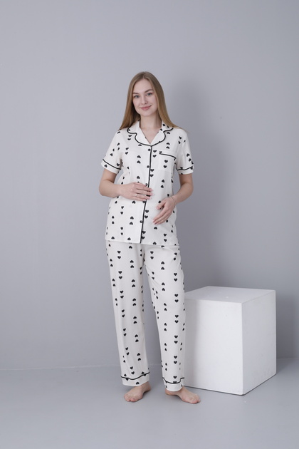 Front Buttoned Shirt Collar Short Sleeve Woven Fabric Printed Maternity and Maternity Pajama Set