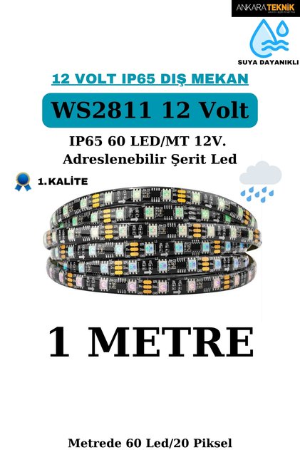 Ws2811 Ip65 Silikonlu Adreslenebilir Argb Piksel Şerit Led / 12volt / 1 Metre