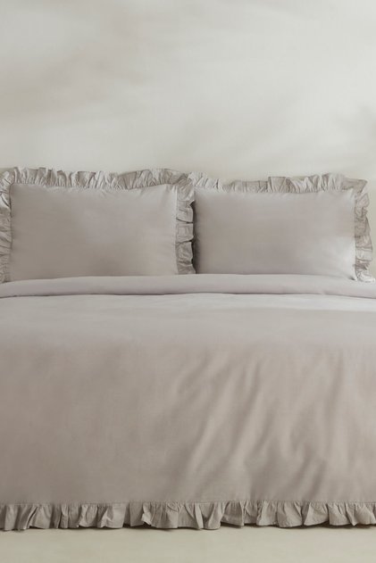 Pure Ruffle 100% Cotton Double Duvet Cover Set Light Gray