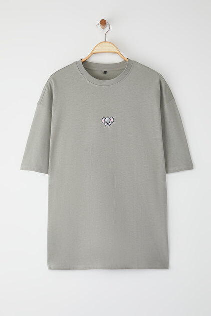 Trendyolmilla Man Gri Oversize/Geniş Kesim Koala Nakışlı %100