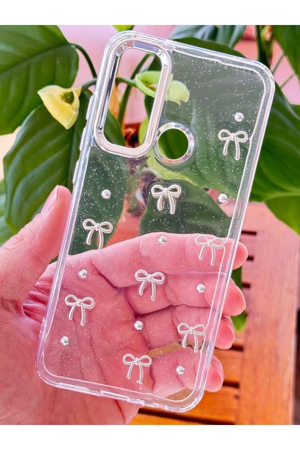 Redmi Note 8 Kılıf Fiyonk Desenli Şeffaf Simli Gümüş Kamera Çıkıntılı Parlak Kapak