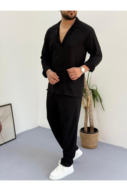 Black Men's Summer Crinkle Lycra Fabric Long Sleeve Shirt Tracksuit 2 Piece Wrap Suit