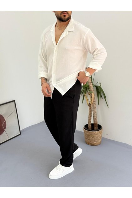 White Black Men's Summer Crinkle Lycra Fabric Long Sleeve Shirt Tracksuit 2 Piece Wrap Suit