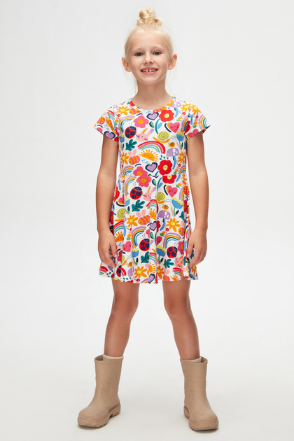 Patterned Short Sleeve Girl's Dress - Little Friends
