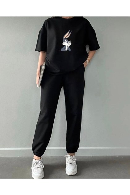 Bugs Bunny T-shirt Sweatpants Jogger - Black Print Bottom Top Tracksuit Set Oversize Crew Neck