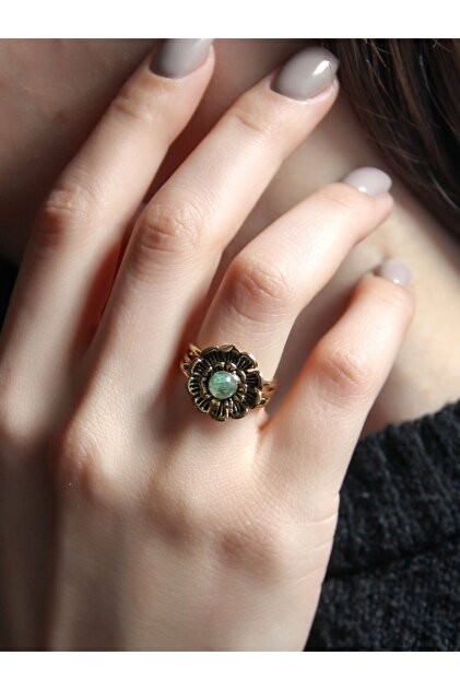 Natural Stone Green Agate Minimal Natural Stone Authentic Flower Model Women's Adjustable Ring Euy19Ya