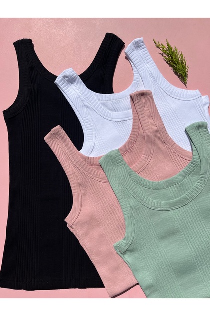 Cotton Striped Report Camisole Fabric Thick Strap Knitted 4-Piece Black, White, Powder, Brown T-Shirt Undershirt