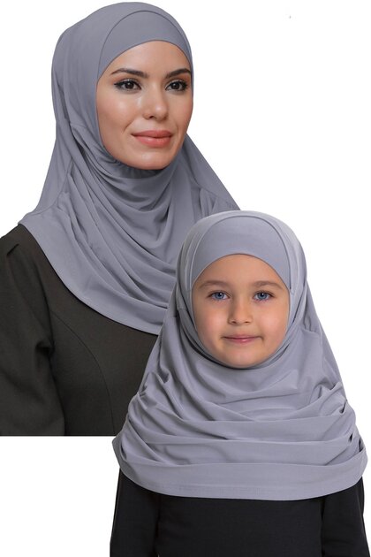 Gray Practical Mother-Daughter Combination Hijab Scarf Sandy Self-Boned 129078_15