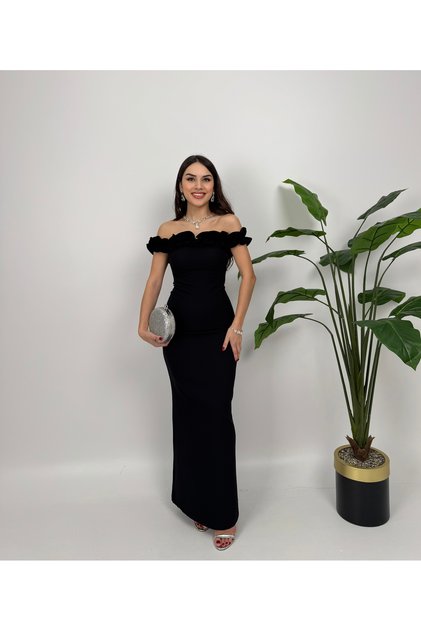 Black Ruffled Boat Neck Long Evening Dress