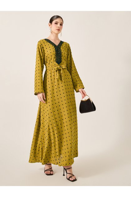 Dobby Lace Detail V-Neck Belted A-Line Jalabyia